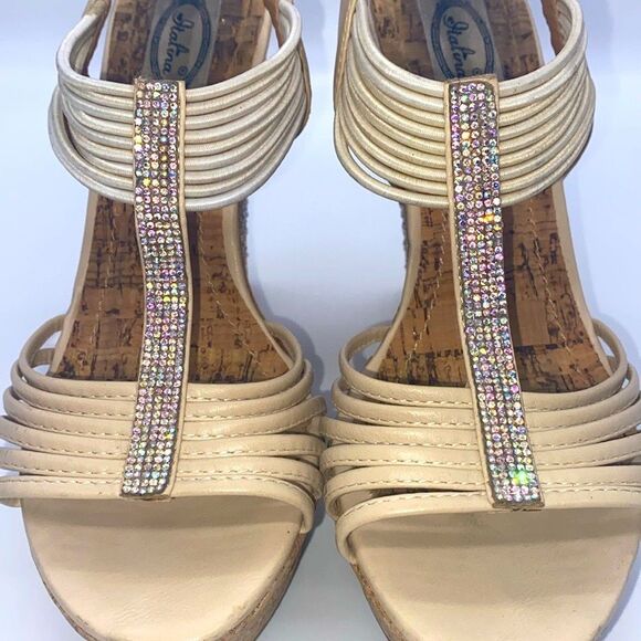 ✨ Italina Cream & Brown Embellished Wedge Sandals with Cork Platform✨GUC✨ - Picture 4 of 17